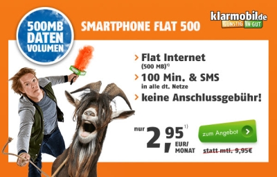 Verlängert! Klarmobil D-Netz Flat mit 500MB + 100 Minuten + 100 SMS für 2,95 Euro monatlich!