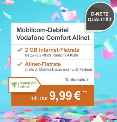 SIM-Only Deal: Mobilcom-Debitel Vodafone Comfort Allnet mit 2GB Daten für nur mtl. 9,99 Euro