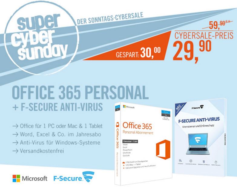 Microsoft Office365 Personal + F-Secure Anti-Virus für nur 29,90 Euro
