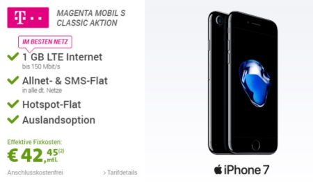 Telekom Magenta Mobil S für mtl. 42,45 Euro + iPhone 7 32GB für einmalig 1,- Euro