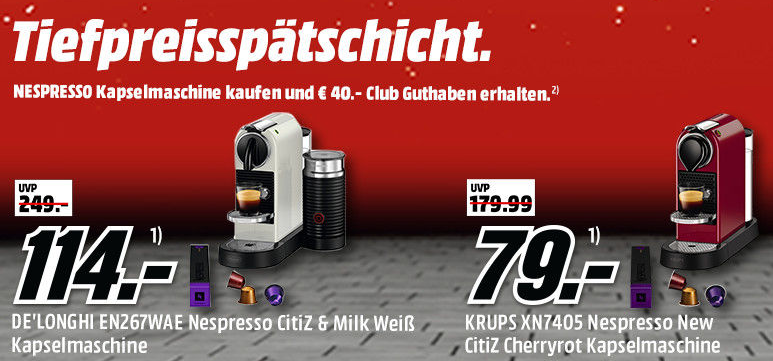 Media Markt Tiefpreisspätschicht: Krups und Delonghi Nespresso Kapselmaschinen