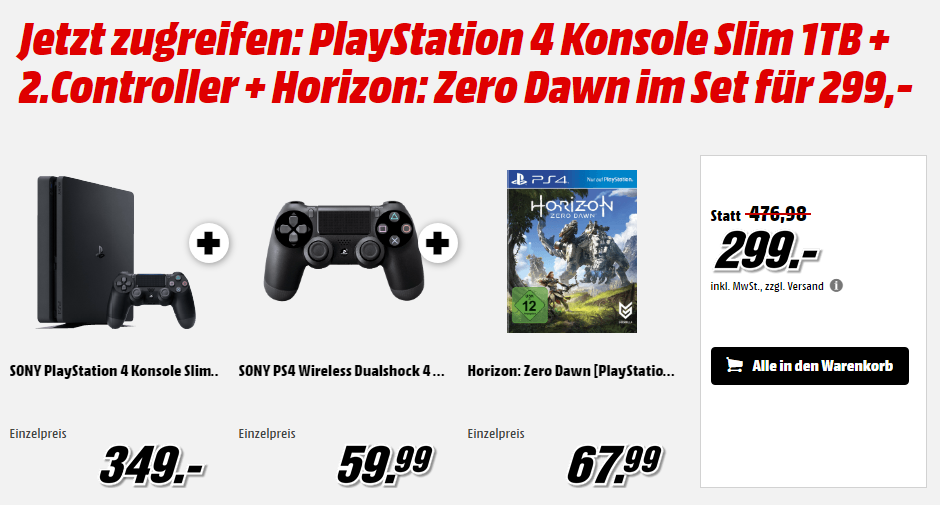 SONY PlayStation 4 Slim 1TB inkl. 2 Contoller + Horizon: Zero Dawn nur 299,- Euro inkl. Versand