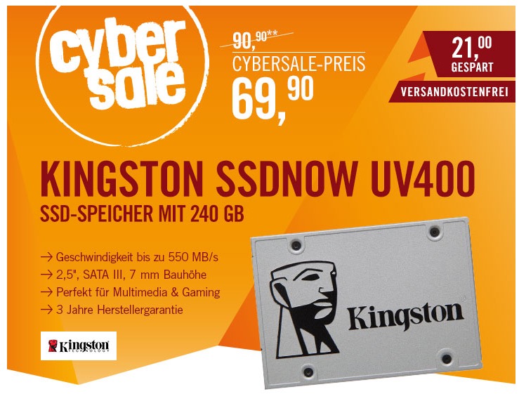 Kingston SSDNow UV400 240GB TLC 2.5zoll SATA600 7mm nur 69,90 Euro inkl. Versand