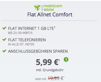 Telefonica Comfort Tarif mit Allnet-Flat und 1GB Datenflat für 5,99 Euro monatlich