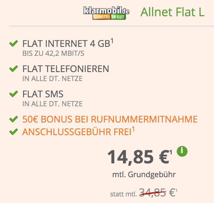 Geht noch! Klarmobil Allnet Flat L mit 4GB Datenvolumen für nur 14,85 Euro monatlich