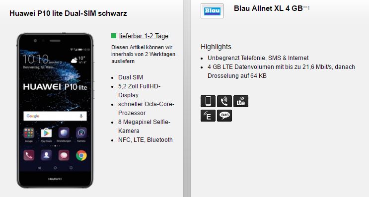 Blau Allnet XL (4GB LTE, SMS und Telefon Flat) für nur 19,99 Euro mtl. +Huawei P10 Lite für einmalig 19,99 Euro