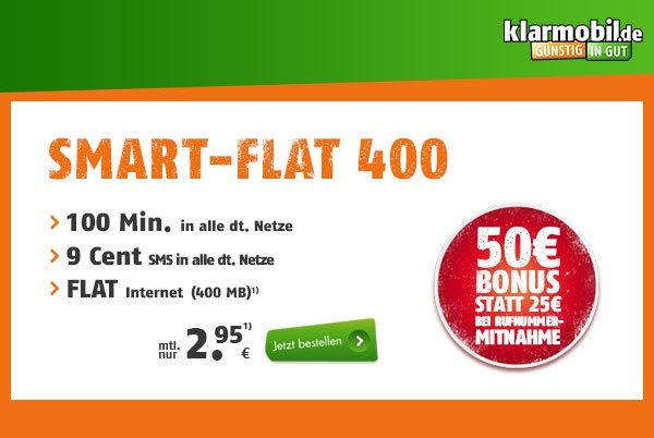 Endet bald! Klarmobil Smart 400 Tarif im Telekom Netz mit 100 Minuten & 400MB für 2,95 Euro + 50,- Euro bei Rufnummernmitnahme