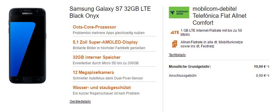 Wieder da: Allnet Comfort Flat 1GB für nur 19,99 Euro mtl. + Samsung Galaxy S7 mit 32GB für einmalig 29,- Euro