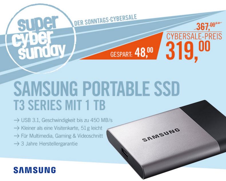 Samsung Portable SSD T3 Series (1TB, USB3.1) für nur 323,99 Euro inkl. Versand