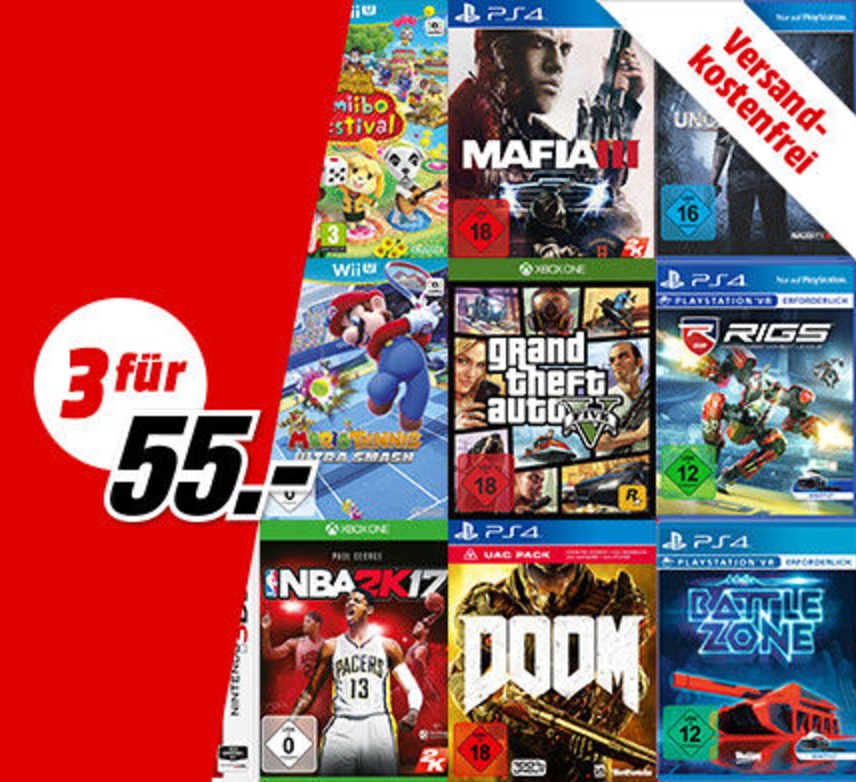 MediaMarkt: 3 Games (Xbox One, PS4, Nintendo 3DS, PC & Wii U) für nur 55,- Euro