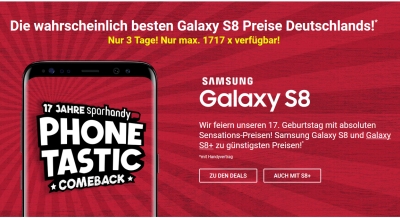 Knaller! Blau Allnet XL Tarif mit 4GB Daten + Samsung Galaxy S8 für 29,99 Euro monatlich + einmalig 17,- Euro Zuzahlung!