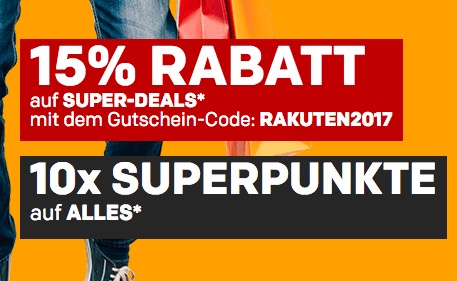 Guter 15% Gutscheincode auf Super-Sale bei Rakuten und 10x Superpunkte auf Alles – mit Kundenkonto anmelden!