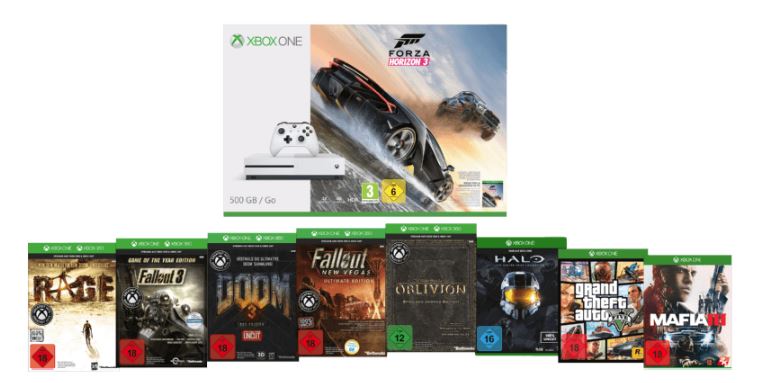 Microsoft Xbox One S (500GB) inkl. 9 Spiele (u.a. GTA V, Mafia 3, Halo: The Master Chief Collection, The Elder Scrolls IV) für nur 299,- Euro inkl. Versand