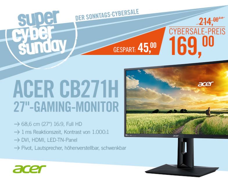 27″ Acer CB271H Gaming-Monitor (Full-HD, 1ms, HDMI, höhen./pivot) für nur 169,- Euro inkl. Versand
