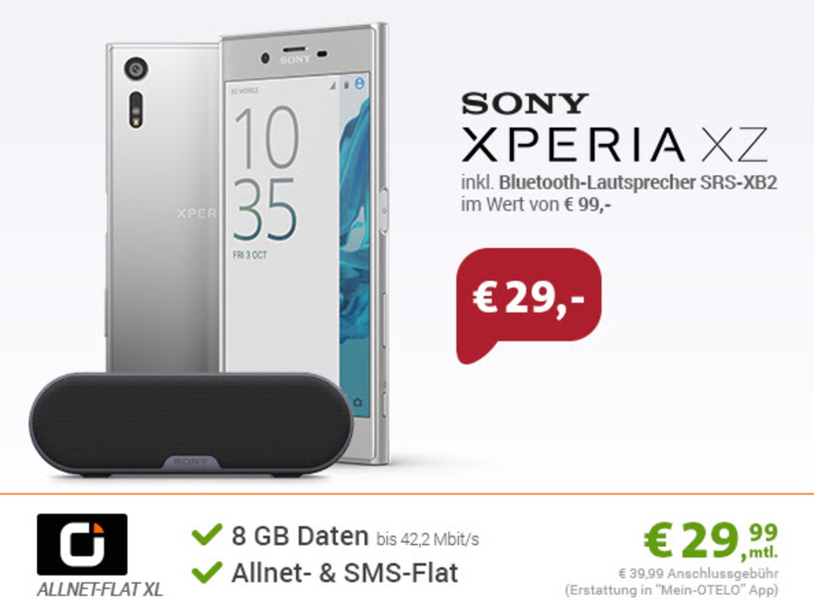 OTELO Allnet Flat XL+ mit Allnetflat & 8GB Daten für nur mtl. 29,99 Euro + Sony Xperia XZ + Sony SRS-XB2 Lautsprecher für einmalig 29,- Euro