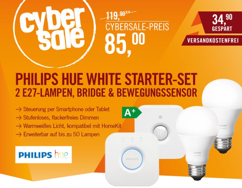 Philips Hue White Starter Set (2 x E27 inkl. Bridge + Bewegungssensor) für nur 85,- Euro