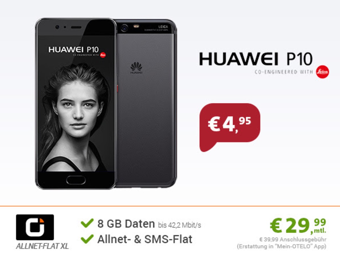 OTELO Allnet Flat XL+ mit Allnet- & SMS-Flat + 8GB Daten für nur mtl. 29,99 Euro + Huawei P10 für nur einmalig 4,95 Euro