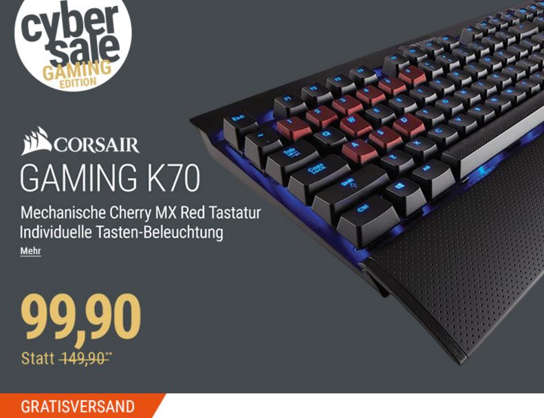 Corsair K70 Gaming Tastatur (Blue LED, Cherry MX Red) für nur 99,90 Euro inkl. Versand