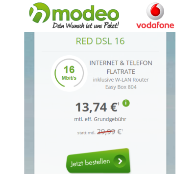 Vodafone Red DSL 16 Mbit/s mit Internet- und Telefonflat inkl. W-LAN Router Easy Box 804 nur 19,99 Euro mtl. + 190,- Euro Cashback!