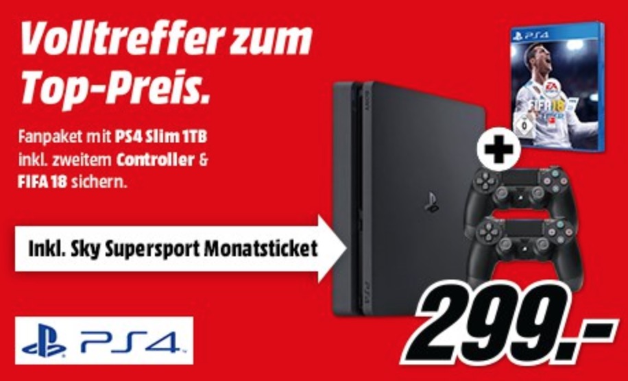 Wieder da! Sony PlayStation 4 1TB + FIFA 18 + 2. DualShock4 Controller + PS Plus 14 Tage nur 299,- Euro (Vergleich 379,-)