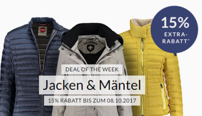 Weekly Deal mit 15% Rabatt auf Jacken und Mäntel + 5,- Euro Newslettergutschein
