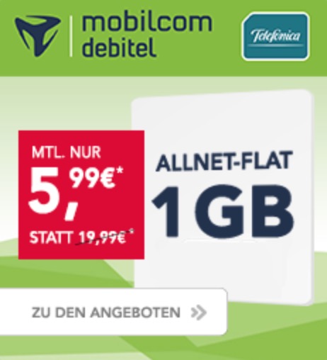 MD Telefonica Flat Allnet Comfort mit Allnetflat und 1GB Daten für nur 5,99 Euro monatlich oder 1GB mit 100 Minuten nur 2,99 Euro