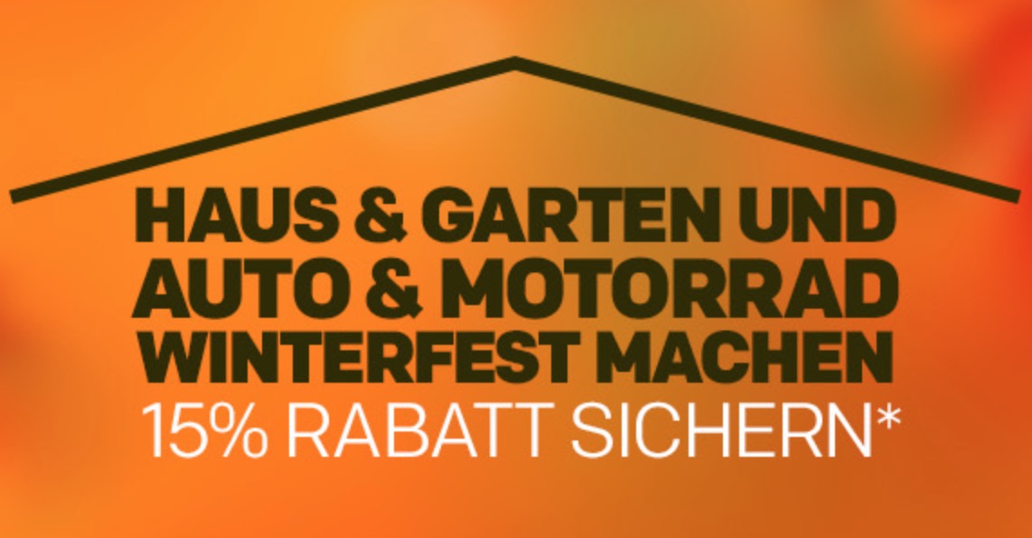 15% Rabatt auf verschiedene Produkte aus den Kategorien Haus & Hof, Auto & Motorrad sowie Garten im Rakuten Onlineshop