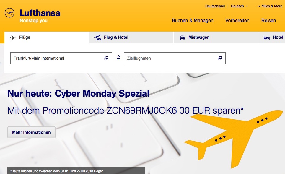 Bei Lufthansa auf eine Flugbuchung satte 30,- Euro sparen