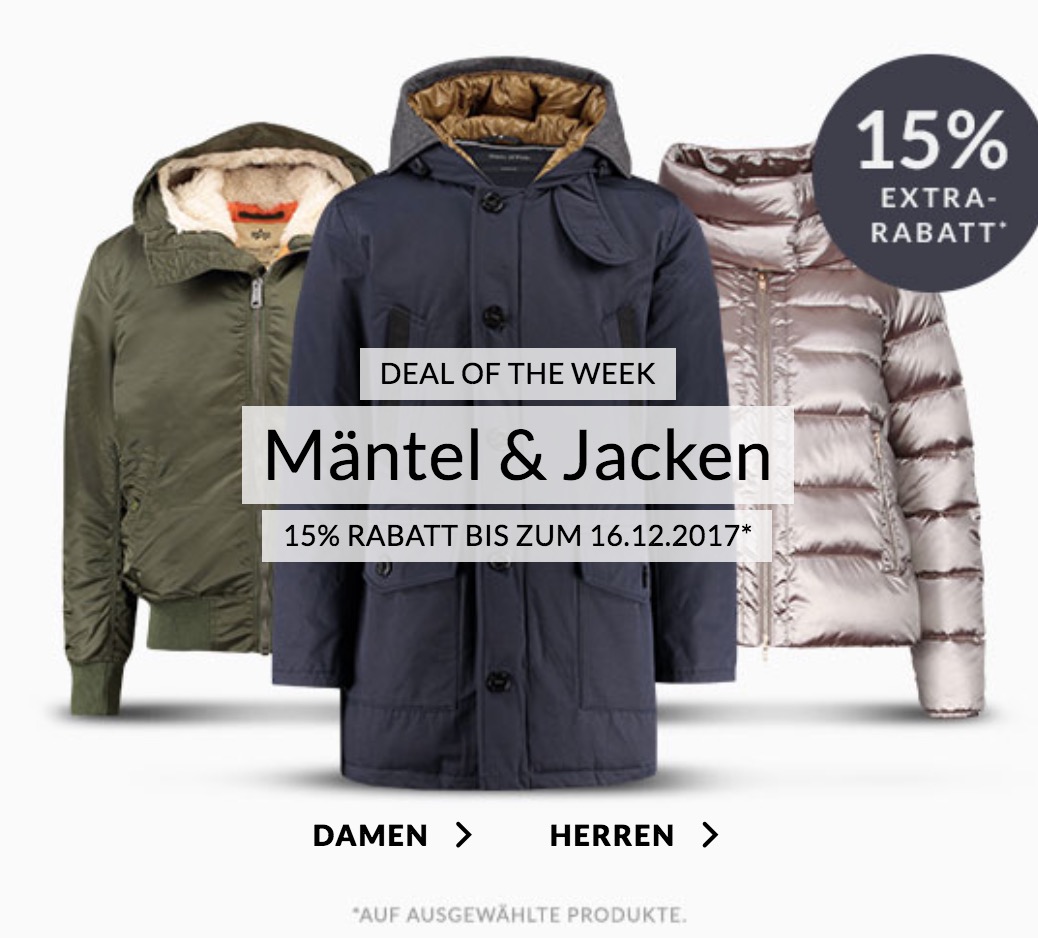 Engelhorn Fashion Weekly Deal: 15% Rabatt auf alle Jacken