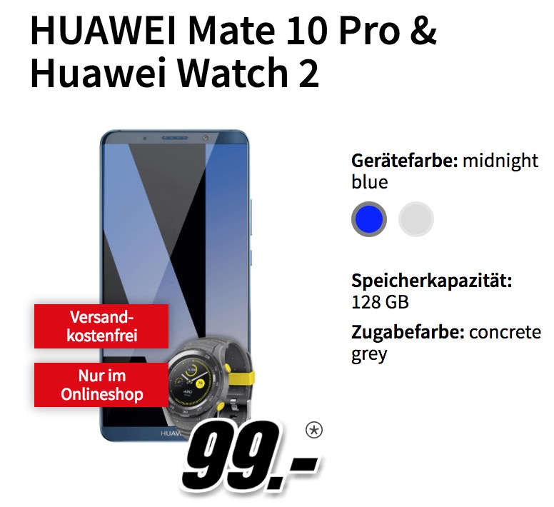 Knaller! O2 Free M Tarif mit 10GB Daten für nur 29,99 Euro + HUAWEI Mate 10 Pro & Huawei Watch 2 für einmalig 99,- Euro