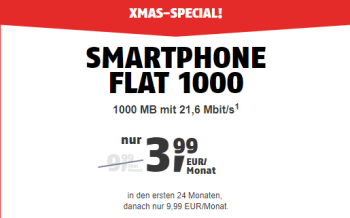 Klarmobil Smartphone Flat 1000 mit 1GB Datenvolumen und 100 Freiminuten nur 3,99 Euro mtl.