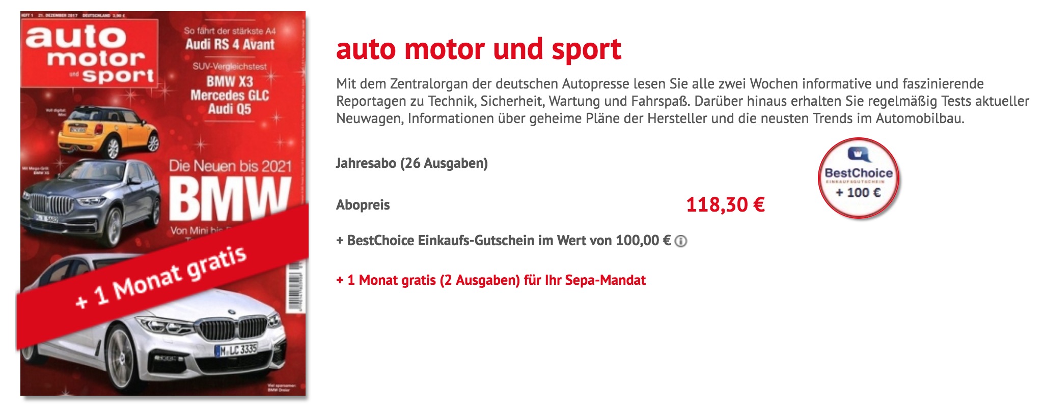 Das Jahresabo (26 Ausgaben) der Zeitschrift “auto motor und sport” für 118,30 Euro Prämie 100