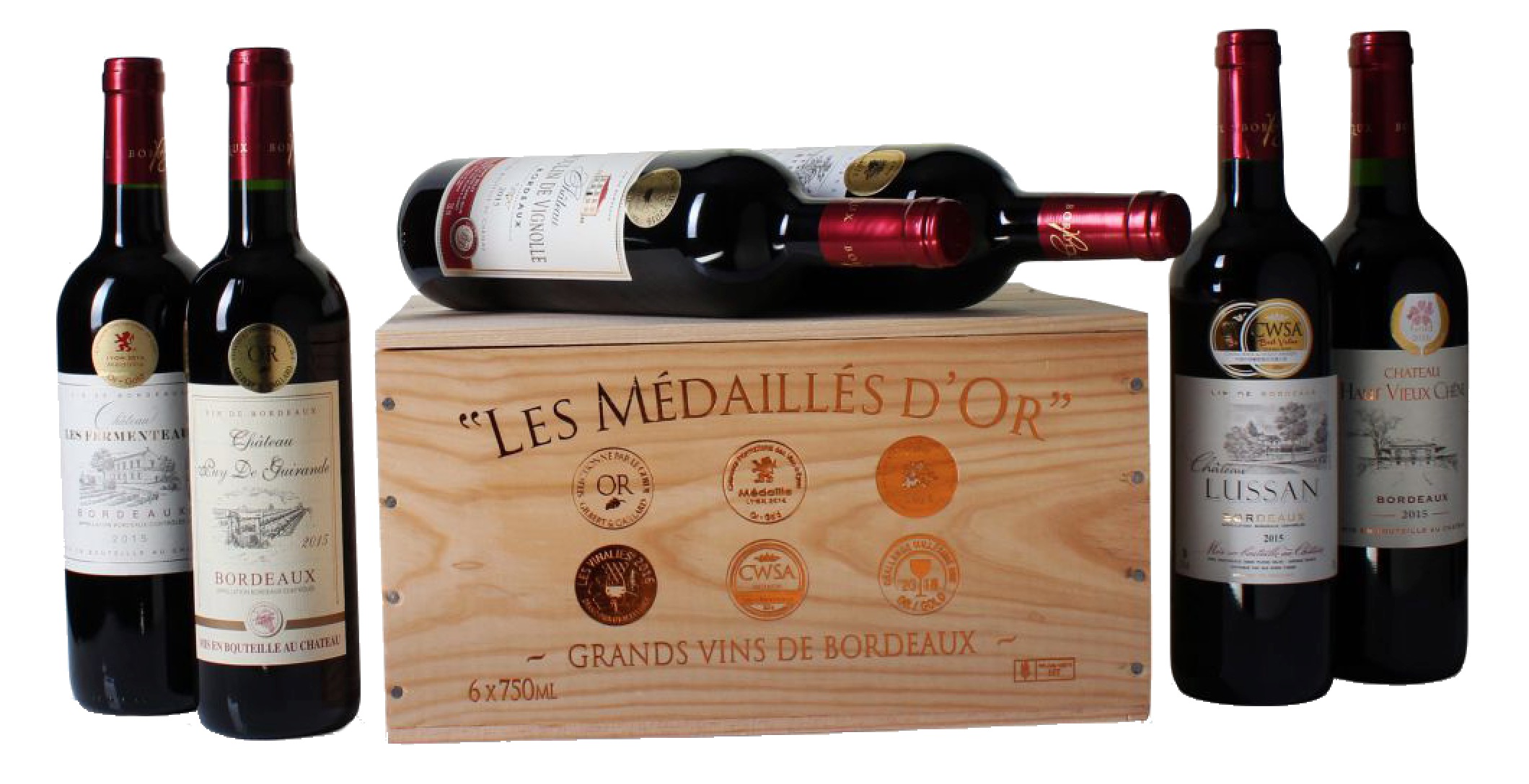 Goldprämierte Bordeaux-Selektion mit 6 verschiedenen Weinen in Holzkiste für nur 46,94 Euro