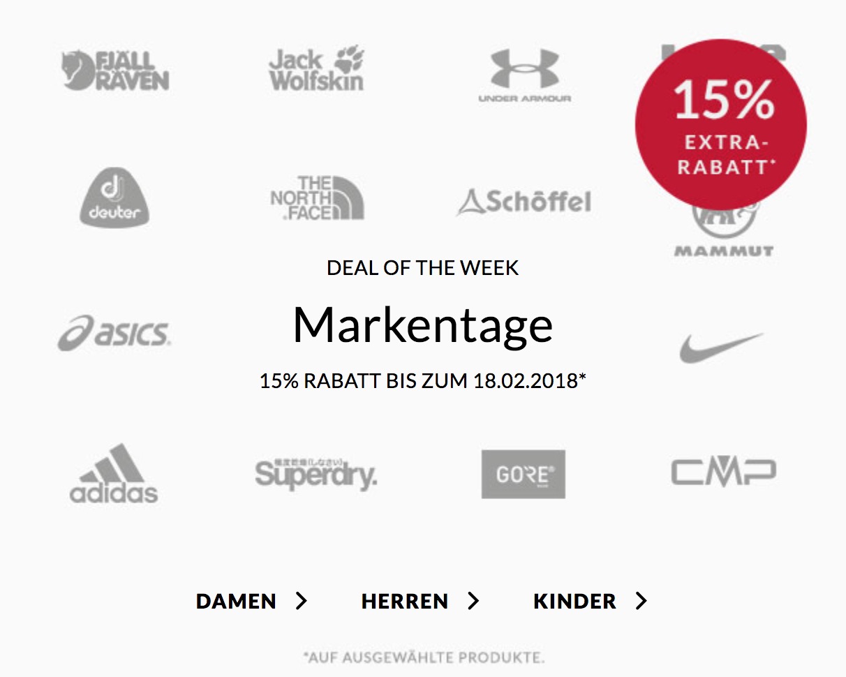 Bis Sonntag! Engelhorn Sports Markentage mit 15% Rabatt auf Sport Marken wie Adidas, Nike oder Fjällräven