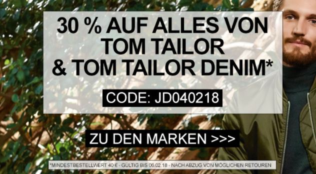 Letzter Tag! 30% Rabatt auf Alles von Tom Tailor und Tom Tailor Denim bei Jeans-Direct ab 40,- Euro MBW