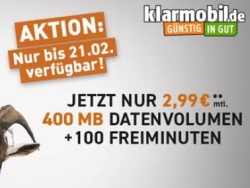 Endet heute! Klarmobil Smart 400 Tarif im Telekom-Netz mit 100 Min & 400MB für 2,99 Euro monatlich und dazu 24,- Euro Amazon Gutschein geschenkt!