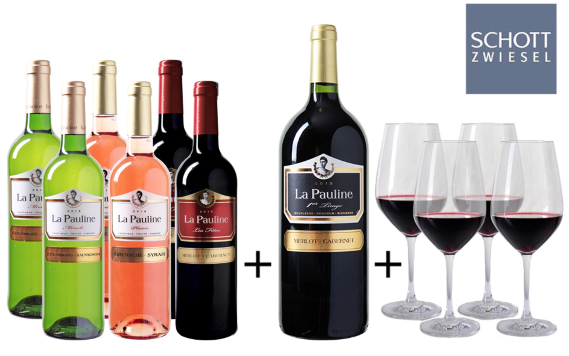 Probierpaket mit 6 Flaschen Wein (Weiß, Rosé und Rot) + Magnumflasche + 4 Weingläser für nur 49,99 Euro inkl. Versand