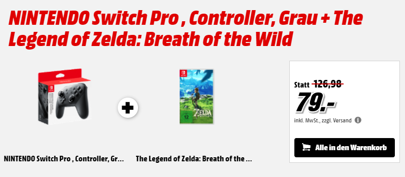Nintendo Switch Pro Controller + Zelda: Breath of the Wild für nur 79,- Euro inkl. Versand