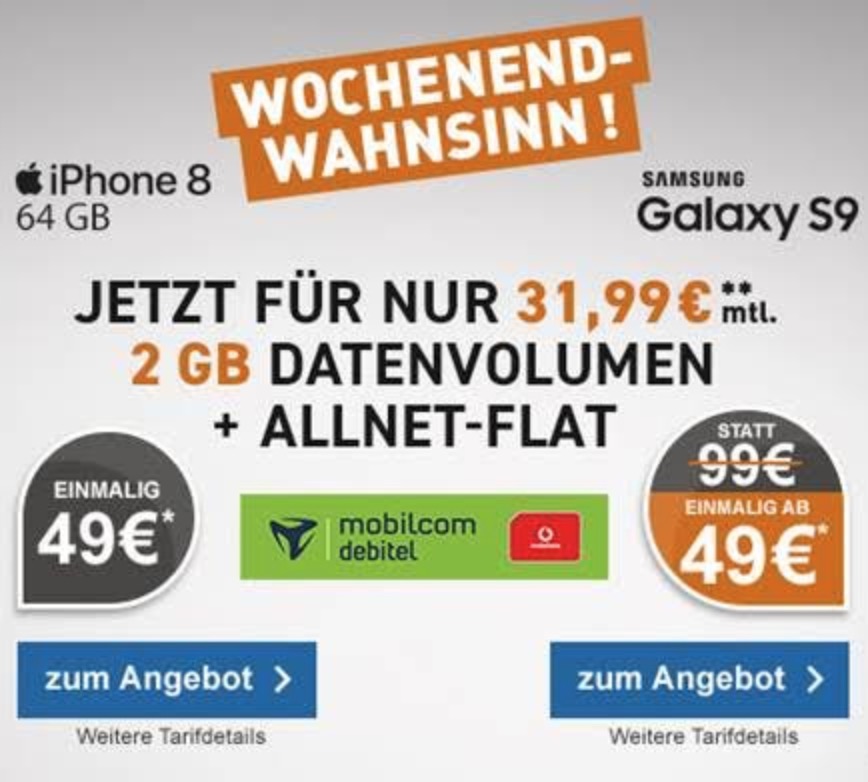 MD Vodafone Comfort Allnet-Flat mit 2GB Daten für mtl. 31,99 Euro + iPhone 8 für 4,99 Euro oder Galaxy S9 für 49,- Euro