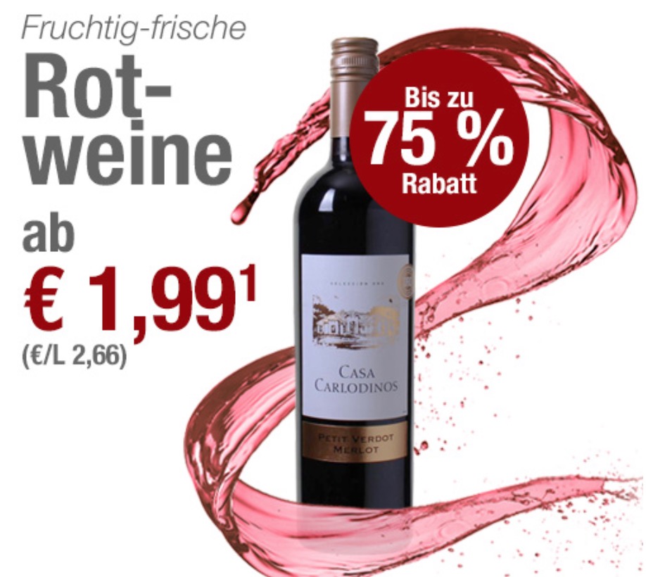 Weinvorteil: Verschiedene Rotweine mit bis zu 75% Rabatt – ab 1,99 Euro pro Flasche (MBW: 6 Flaschen)