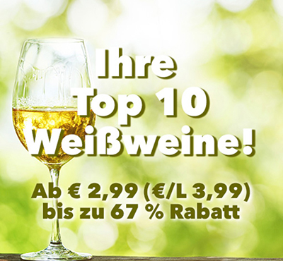 Weinvorteil: Top 10 Weißweine mit bis zu 67% Rabatt – ab 2,99 Euro pro Flasche (MBW: 6 Flaschen)