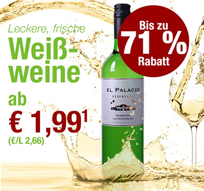 Weinvorteil: Verschiedene Weißweine mit bis zu 71% Rabatt – ab 2,99 Euro pro Flasche (MBW: 6 Flaschen)