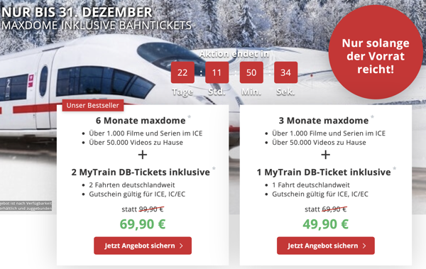 Wieder da! 2x ICE Bahntickets + 6 Monate Maxdome nur 69,90 Euro – oder 1 Ticket 49,90 Euro