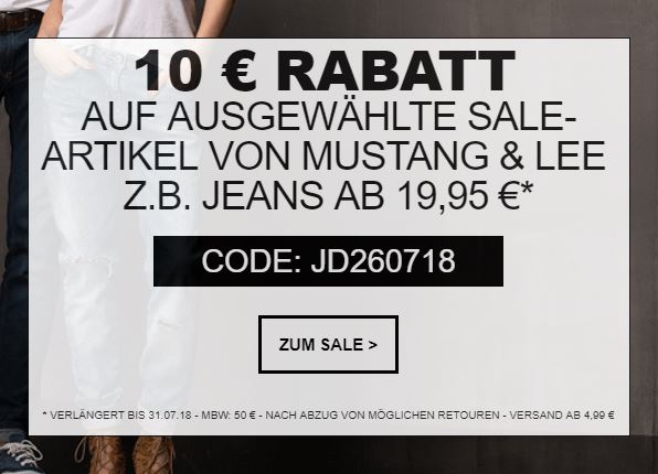 Großer Lee und Mustang Sale + 10% Extra-Rabatt auf ausgewählte Produkte bei Jeans-Direct