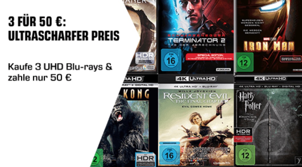 Drei 4K Ultra-HD Blu-rays aus verschiedenen Genres für 50,- Euro bei Saturn