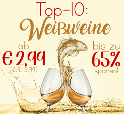 Top10 Weißweine bei Weinvorteil mit bis zu 65% Rabatt – ab 2,99 Euro pro Flasche (MBW: 6 Flaschen)