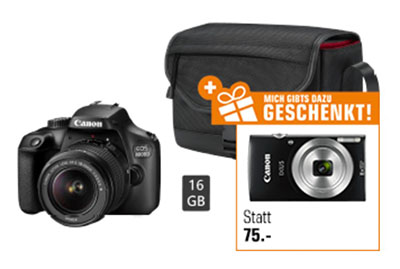 Canon EOS 4000D + 18-55mm Objektiv + Speicherkarte (16GB) + CANON Ixus 185 Digitalkamera für nur 249,- Euro (statt 327,- Euro)