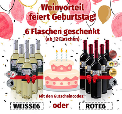 Weinvorteil: 6 Flaschen Rot- oder Weißwein gratis beim Kauf von mindestens 12 Flaschen Wein