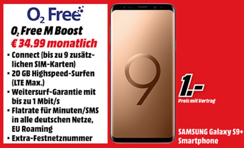 o2 Free M Boost Allnet-Flat & 20GB Daten für mtl. 34,99 Euro + Samsung Galaxy S9+ für einmalig 1,- Euro