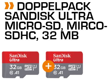 2x SanDisk Ultra Mirco-SDHC Speicherkarte (32 GB, Class 10) für nur 15,- Euro inkl. Versand
